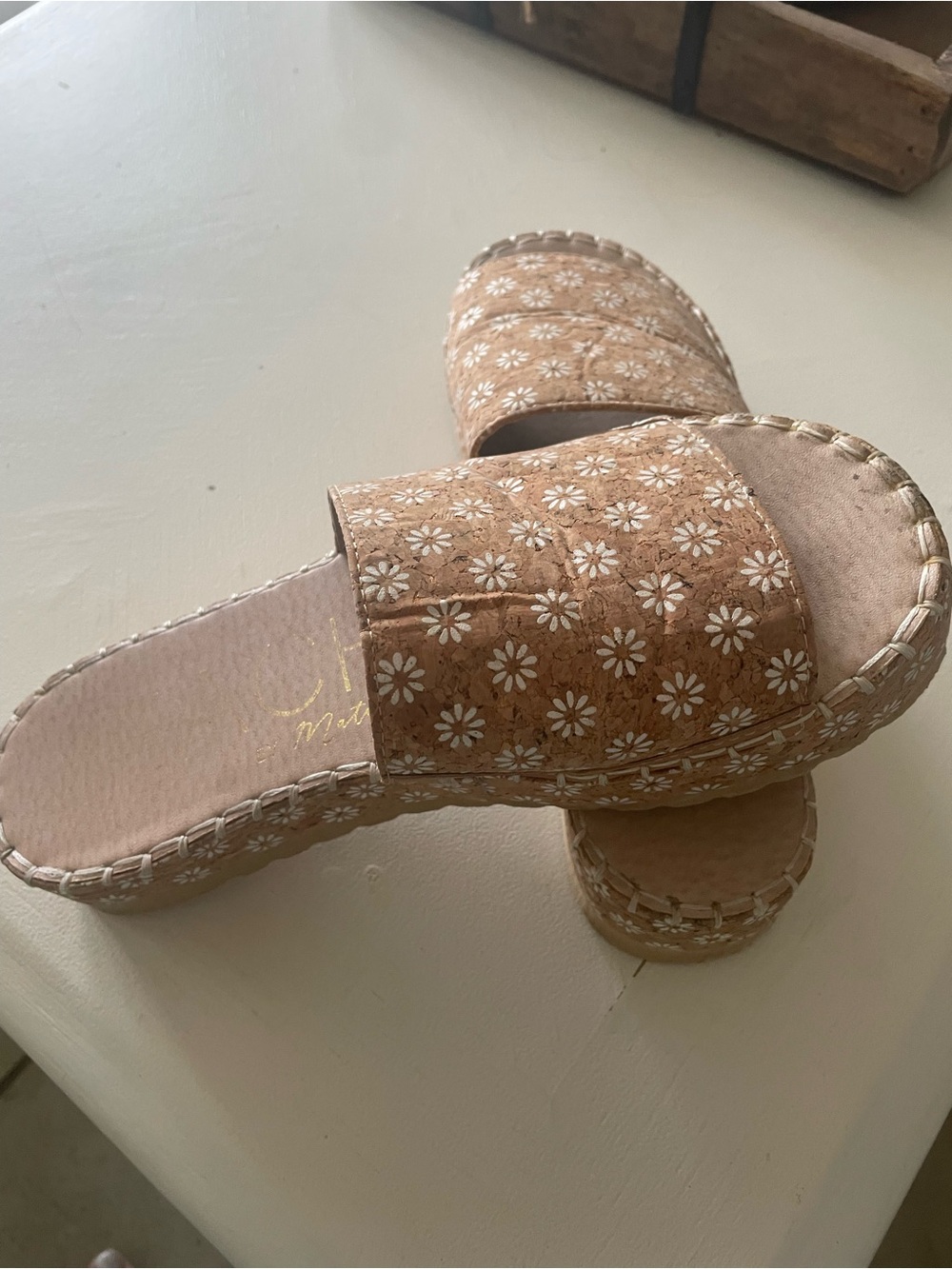 Women’s Tan Floral Slide Sandals with Braided Platform